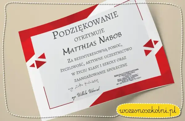 Dyplom z podziękowaniami dla wychowawcy dla Matthiasa Nabob za pomoc i zaangażowanie.