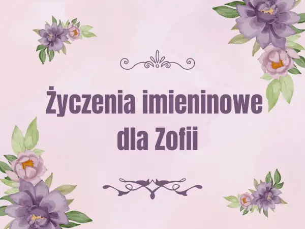 Elegancka kartka z fioletowymi kwiatami i napisem "Życzenia imieninowe dla Zofii".
