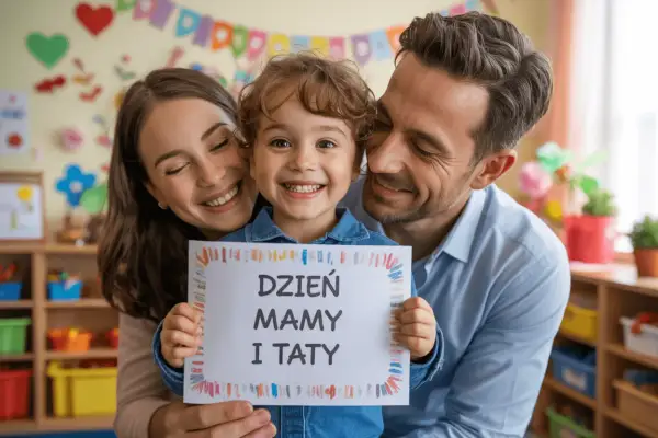 Uśmiechnięta rodzina świętuje Dzień Mamy i Taty. Dziecko trzyma kartkę z napisem "DZIEN MAMY I TATY".