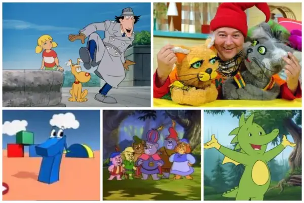 Kolaż z postaciami z **starych bajek dla dzieci**: Inspektor Gadżet, Gummy Bears, smok i inne.