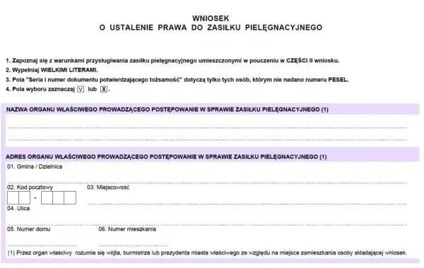 Wniosek o ustalenie prawa do zasiłku pielęgnacyjnego 2024. Formularz zawiera dane organu i adres wnioskodawcy.