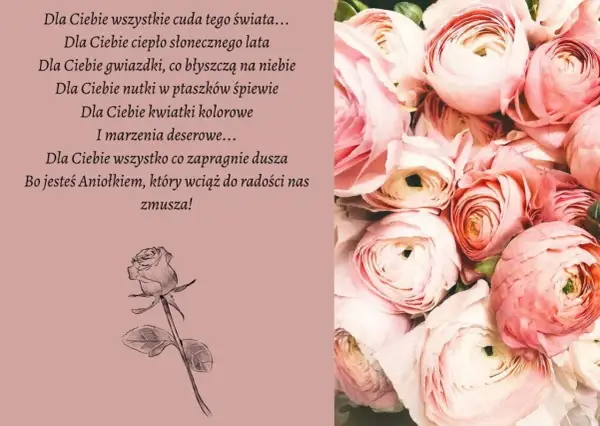 Wzruszające życzenia urodzinowe dla przyjaciółki: bukiet róż i wiersz o cudach świata, słońcu, gwiazdkach, śpiewie ptaków i deserowych marzeniach.