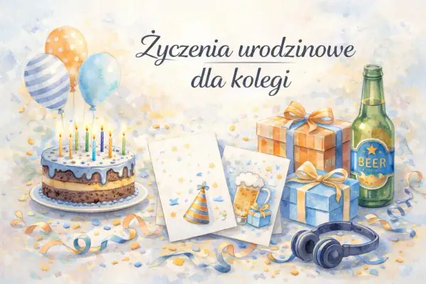 Wesołe życzenia urodzinowe dla kolegi: tort, balony, prezenty, piwo i słuchawki.