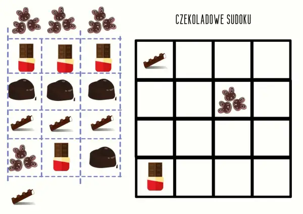 Czekoladowe łamigłówki na dzień czekolady: czekoladki, batoniki i ciasteczka w kształcie króliczków czekają na ułożenie w sudoku.