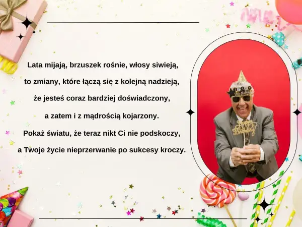 Wesołe życzenia urodzinowe dla brata! Radosny mężczyzna w okularach i czapce urodzinowej trzyma napis "Happy Birthday".