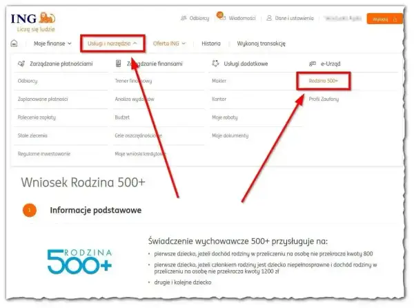 Wniosek Rodzina 500+ w ING. Kliknij "Rodzina 500+" w "Usługi i narzędzia", aby złożyć wniosek.