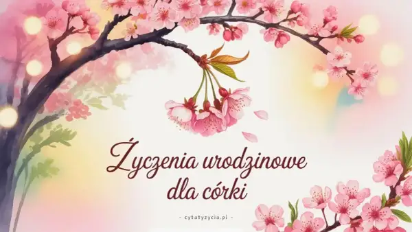 Kwiaty wiśni i delikatne światła tworzą tło dla życzeń urodzinowych dla córki.