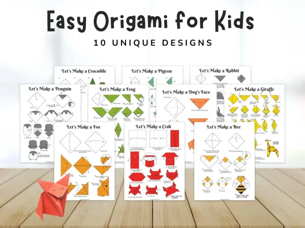 Zestaw instrukcji "Easy Origami for Kids" pokazuje, jak krok po kroku tworzyć zwierzątka z papieru.