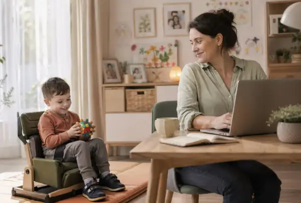 Kobieta pracuje przy laptopie, podczas gdy chłopiec bawi się zabawką.