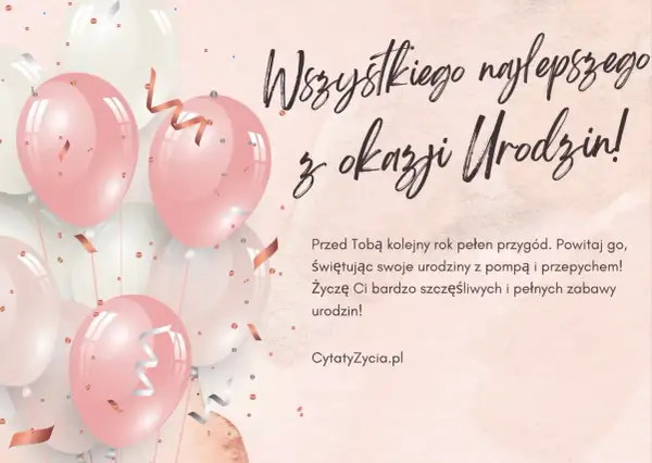Różowe i białe balony unoszą się w powietrzu, tworząc radosną atmosferę. To idealne tło dla życzeń urodzinowych dla siostry.