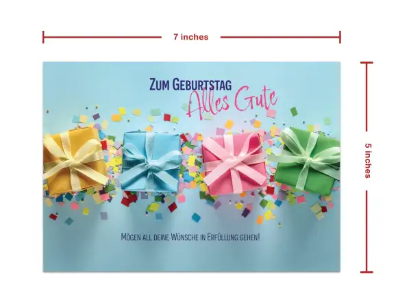 Kolorowe pudełka z prezentami i konfetti. Napis "Zum Geburtstag Alles Gute" i "Mögen all deine Wünsche in Erfüllung gehen!" to życzenia urodzinowe po niemiecku.