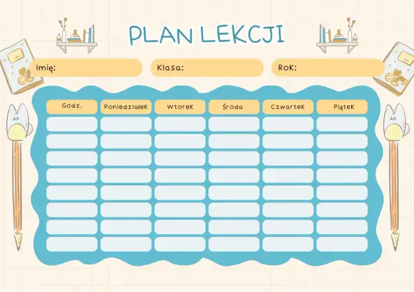 Uroczy plan lekcji dla klasy 4. Zeszyty, ołówki i półki z książkami dodają mu szkolnego charakteru.