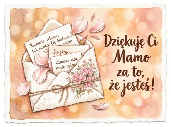 Piękne kartki życzenia na Dzień Mamy z kopertą, kwiatami i wzruszającymi słowami: "Kochana Mamo, tak bardzo Cię kocham...", "Dziękuję Ci Mamo za to, że jesteś!".